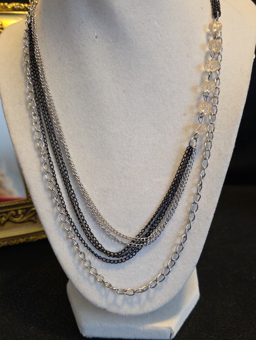 Multi-Chain Black and Silver Layered Chains With Crystal Beads Necklace